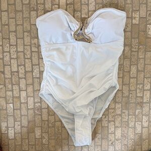 SHEIN White Strapless One-Piece Swimsuit with Gold Hardware